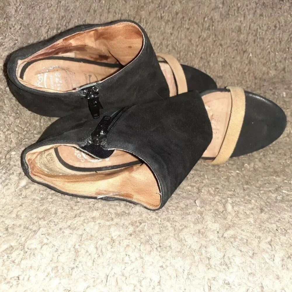 JEFFREY CAMPBELL-Black Suede/Tan Strap-Curved Stiletto-Open Toe Bootie-Zip-Sz 37 - Picture 6 of 7